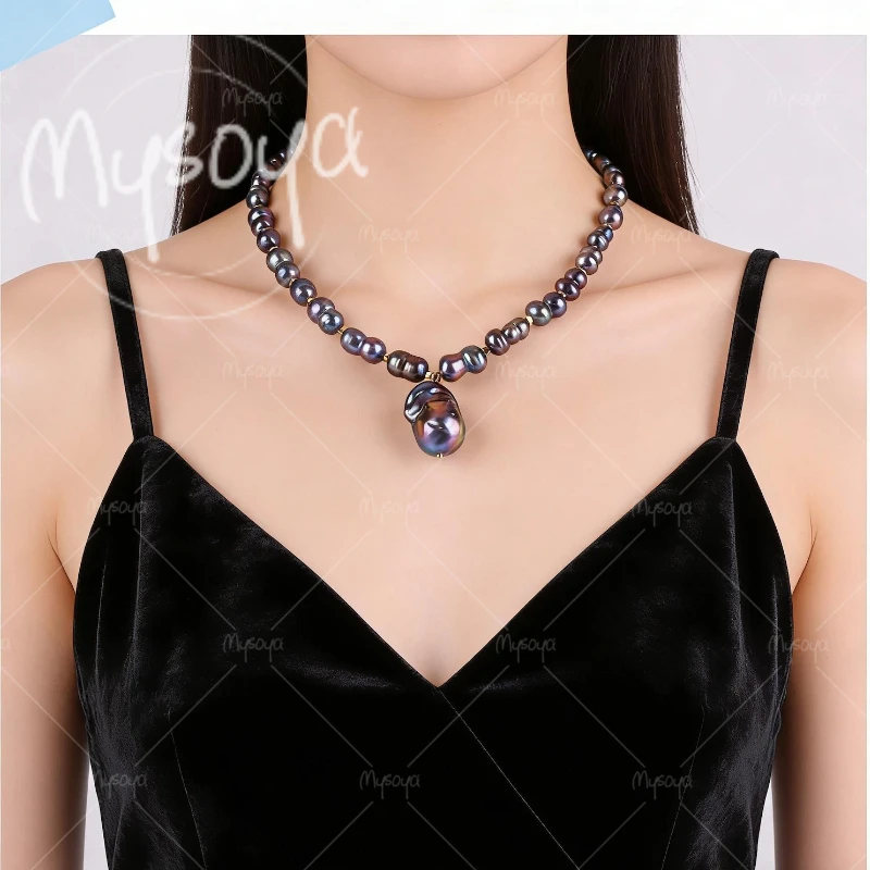 

MYSOYA 7-8mm & 12-13mm Black Color Rice Freshwater Pearl & Baroque Pendant Necklace,for Birthday/Wedding/Mother's Day Gift A0695