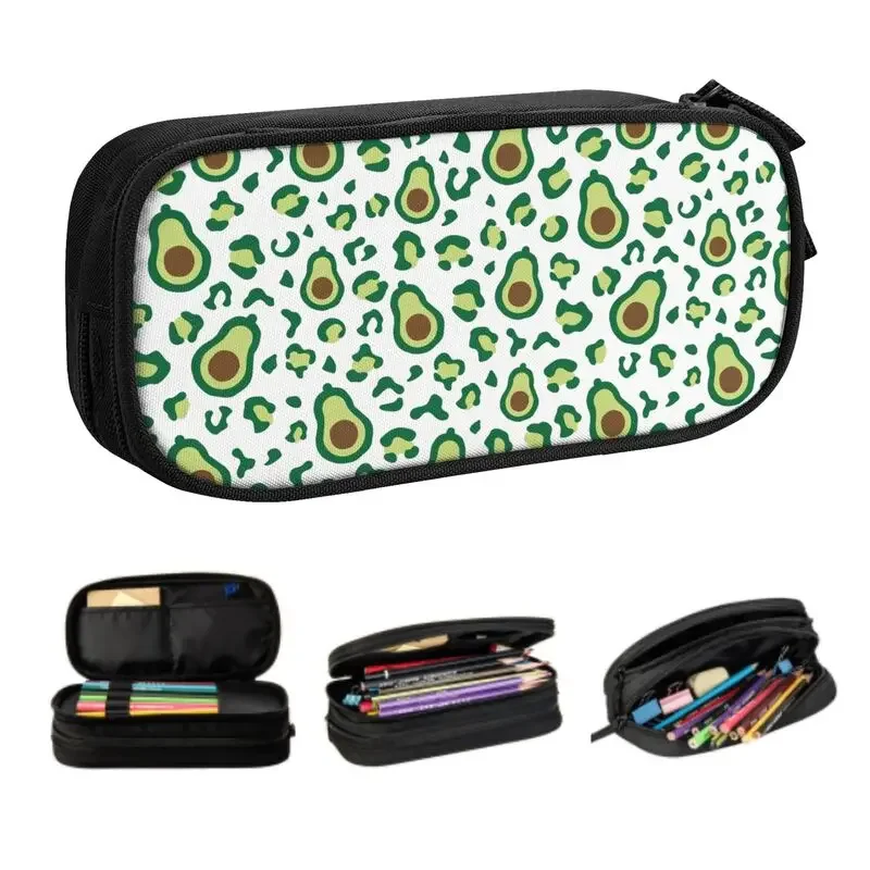 Cute Green Avocado Leopard Pattern Pencil Case for Girls Boys Custom Large Storage Pen Box Bag Stationery