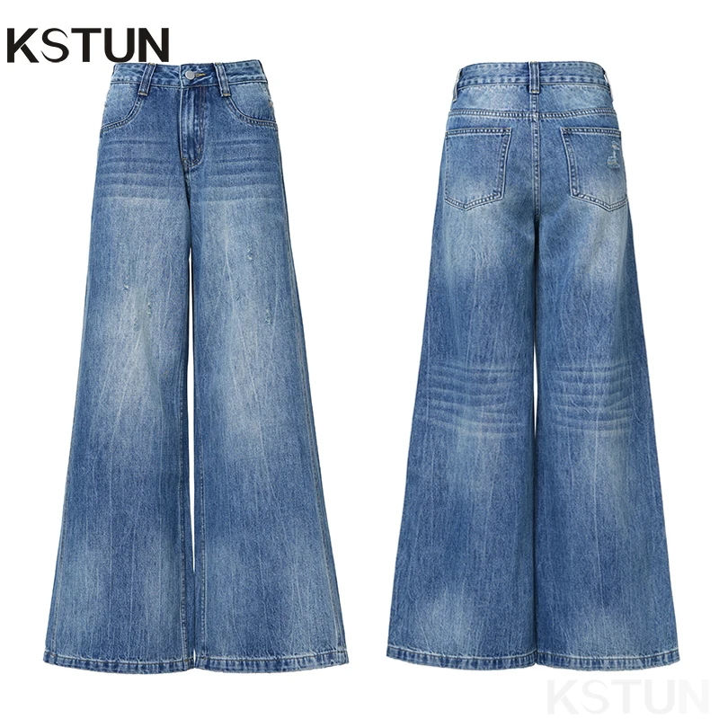

KSTUN 2026 Spring Women's Wide Leg Jeans Boot Cut Denim Pants Loose Fit Americian Vintage Streetwear Pokcets Scratches Trousers