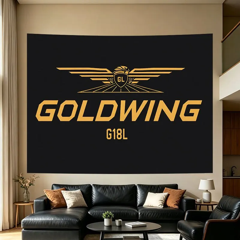 Large Goldwing Logo Wall Tapestry Black Background Modern Sports Fan Decor Living Room Wall Art Tapestry