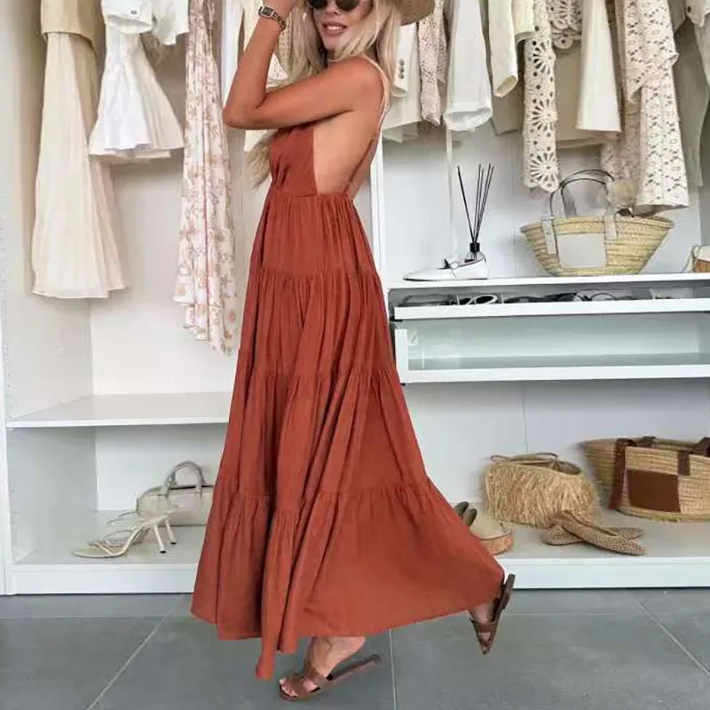 Nuovo abito Boho senza schienale con scollo a V profondo sexy Abito estivo elegante solido scava fuori Abito da festa da donna con fionda a pieghe