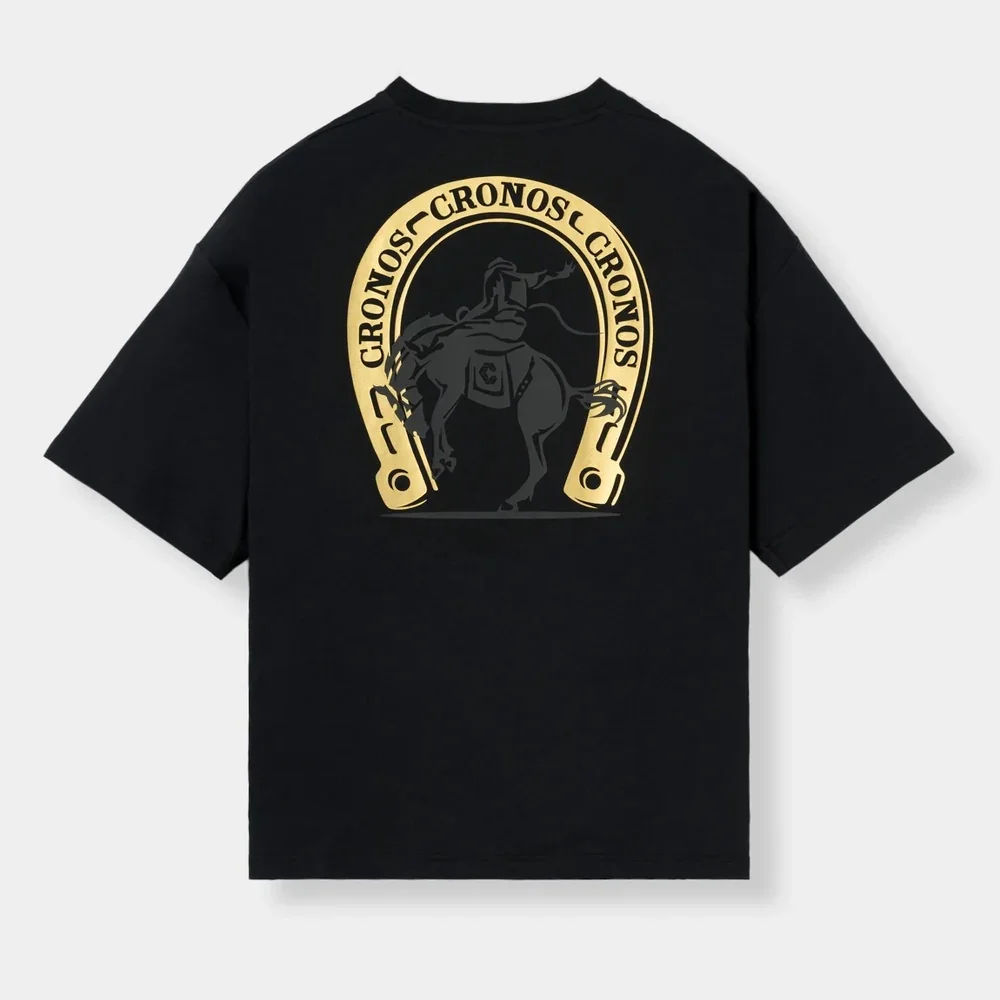 CRONOS HORSE SPIRIT S/S TEE【Negro×Oro】Camiseta de algodón para gimnasio para hombre, camiseta gráfica Unisex para entrenamiento, moda urbana, camiseta holgada informal