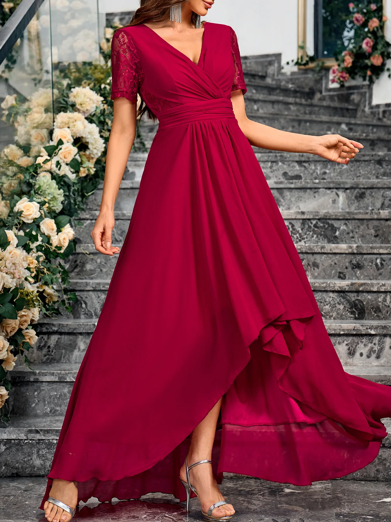 New Style Bridesmaid Dresses Ladies Pleated Deep V-Neck Large A-Swing Party Evening Dress Short Sleeve Back Zipper Prom Dresses