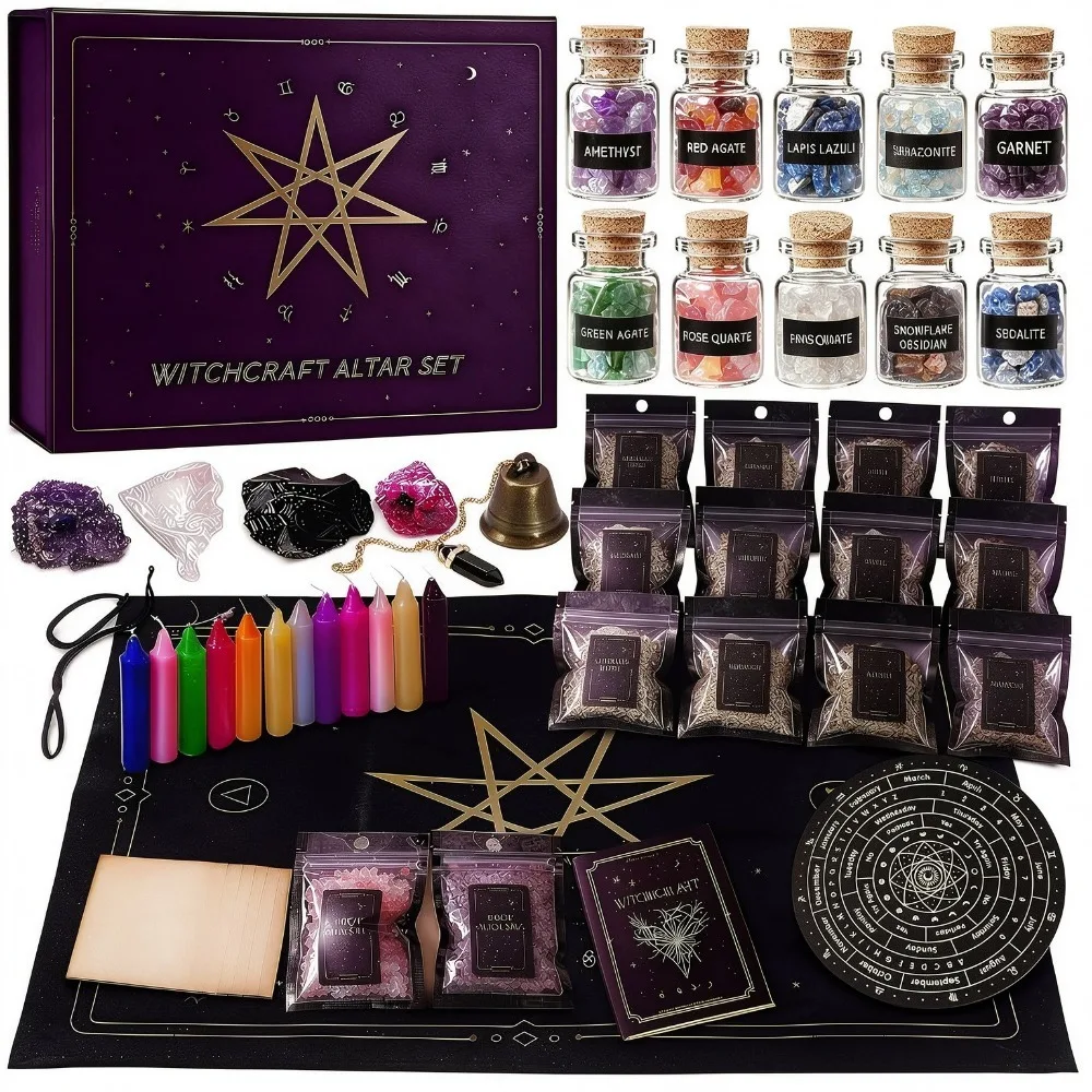Kit de Sorcellerie, Ensemble de Sorts pour Altar, Cadeaux Wicca, Fournitures Wiccan, Bougies de Sort, Herbes Séchées, Cristaux, Pierres, Nappe d'Altar, Bol à Pendule