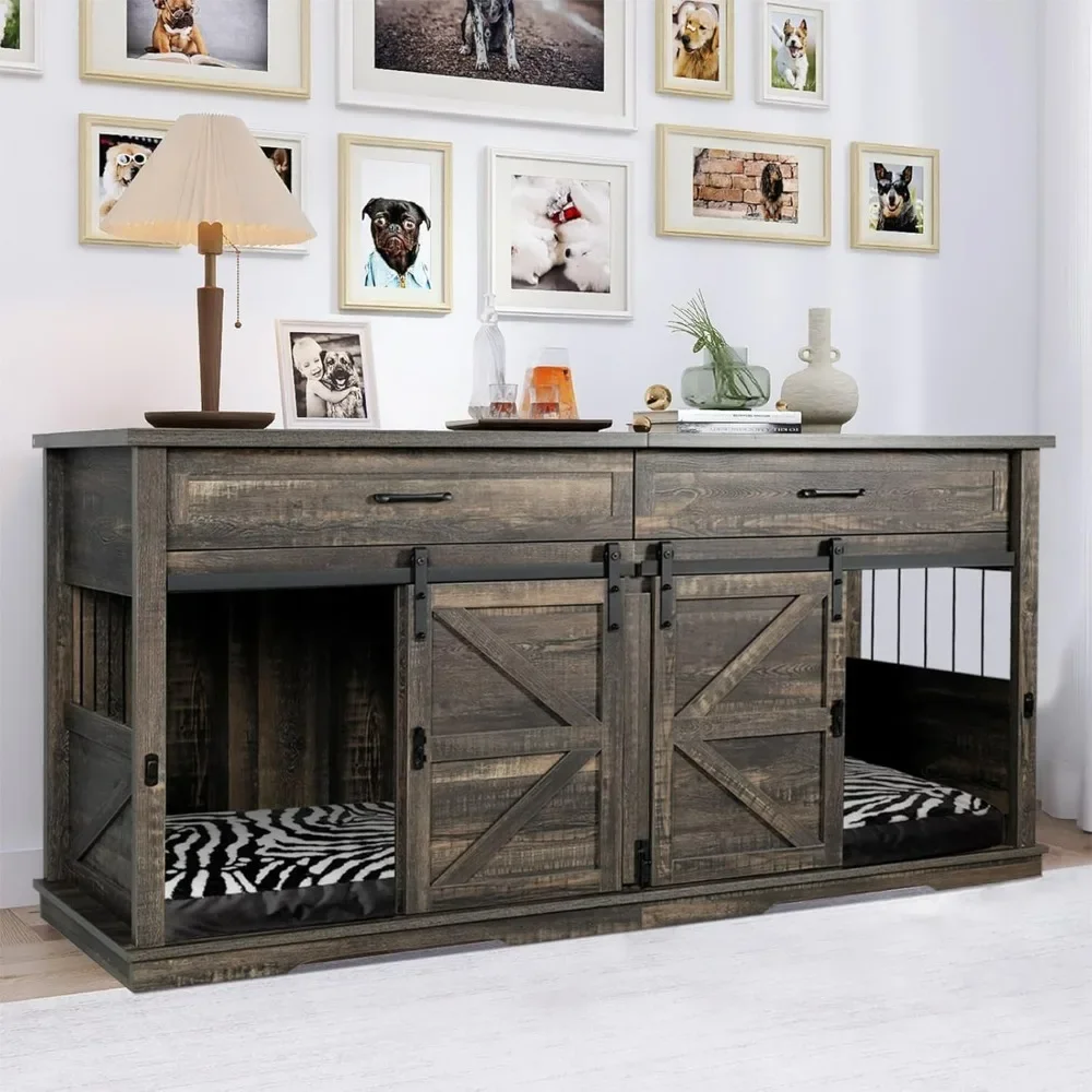 Dog Crate, Double Dog Crate, Multi Function Wood Kennel Indoor Cages , Kennel Furniture with 2 Drawers, TV Stand Dog Crate