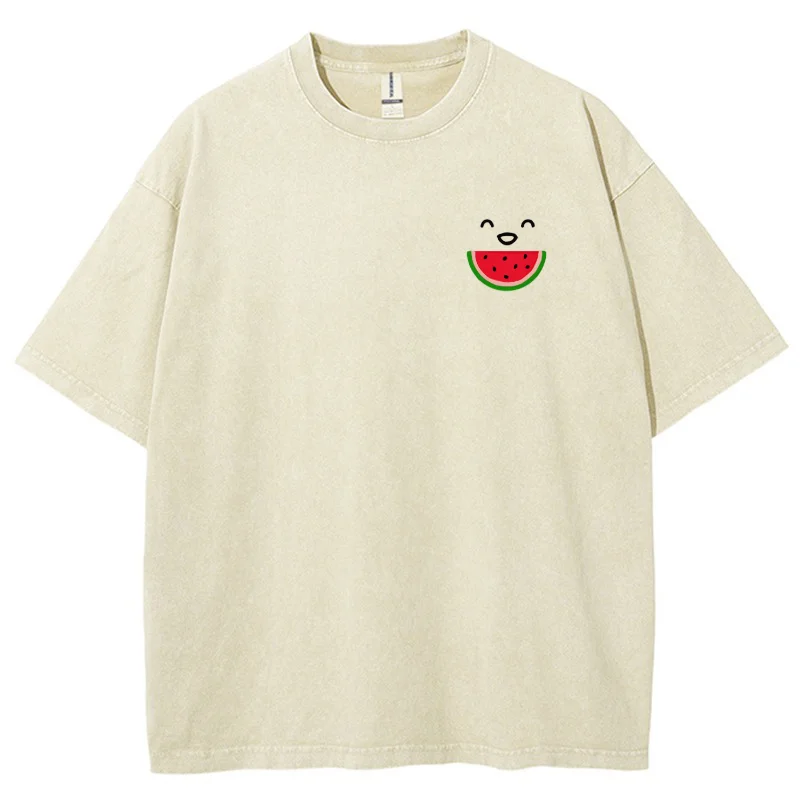 Camiseta estampada de melancia desenho feminino, lavagem confortável, manga curta neutra, top casual estilo minimalista, verão, 2024