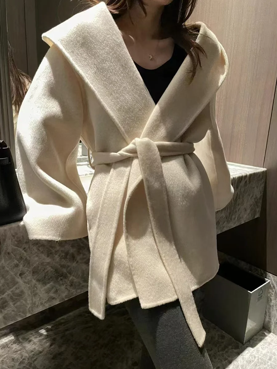 

Двустороннее шерстяное пальто Ele с капюшоном, высокой плотности, осенне-зимнее, новинка, шикарный шерстяной костюм-пиджак для женщин