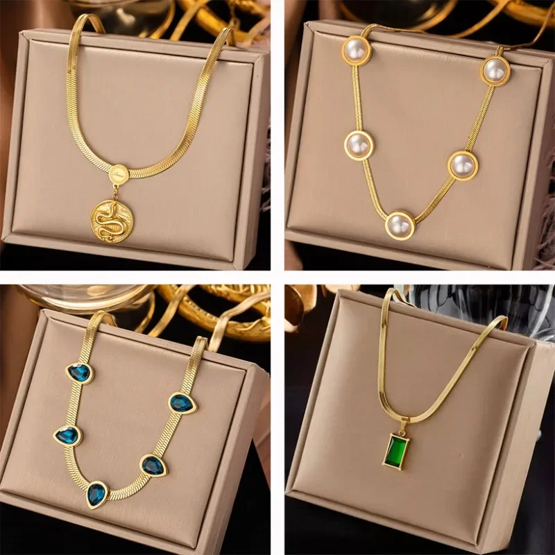 

Fashion Stainless Steel Necklace Choker for Women Waterproof Collarbone Chain Zircon Turquoise Pendant Luxury Jewelry Gift