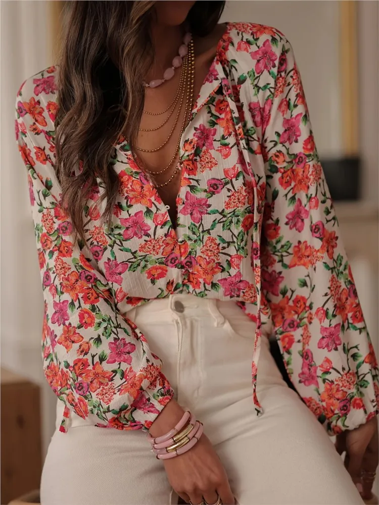 2025 가을 빈티지 플로럴 셔츠 & 블라우스 패션 O넥 레이스업 싱글 버튼 루즈핏 캐주얼 셔츠 여성용 휴가 블라우스