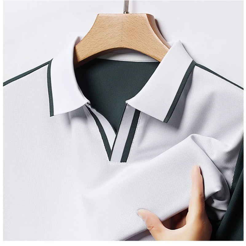 Summer Men's Quality T-shirts Seagull Collar Short Sleeve Contrasting Color Splicing Tshirt European Style Simple Versatile Tops