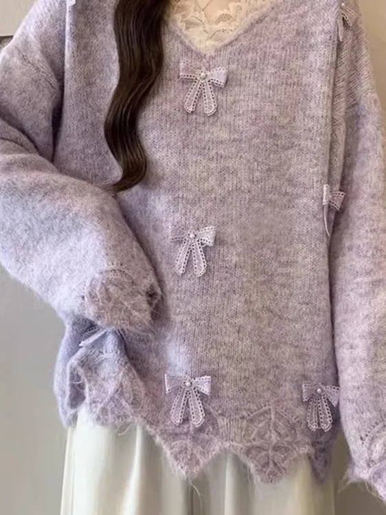 Maglione ampio con nodo in pizzo viola V-Ne da donna Autunno Inverno taglie forti Comodo top lavorato a maglia Faionable Casual