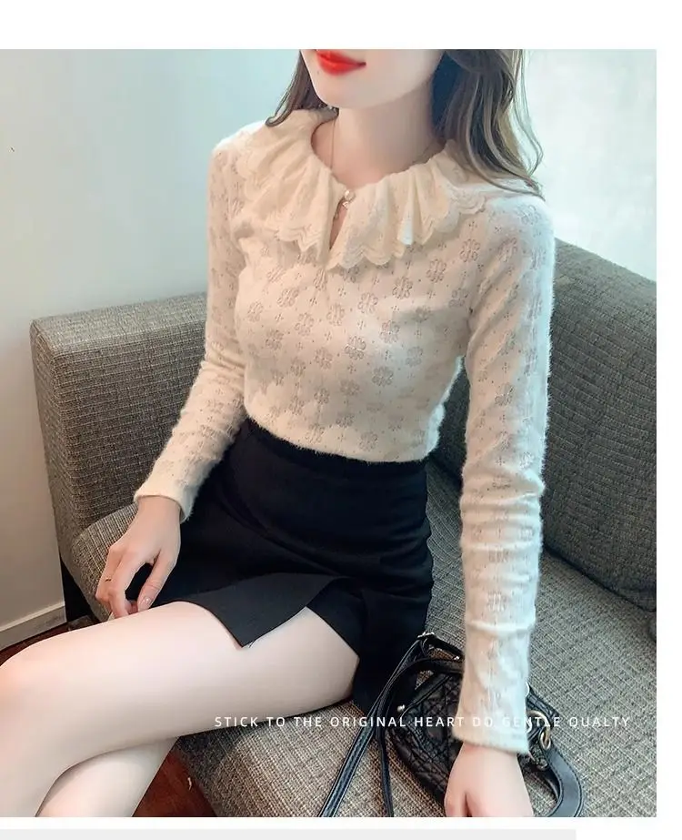 แขนยาวแฟชั่นลดอายุ Ruffled Doll COLLAR PLUS เสื้อลูกไม้กํามะหยี่สําหรับผู้หญิง