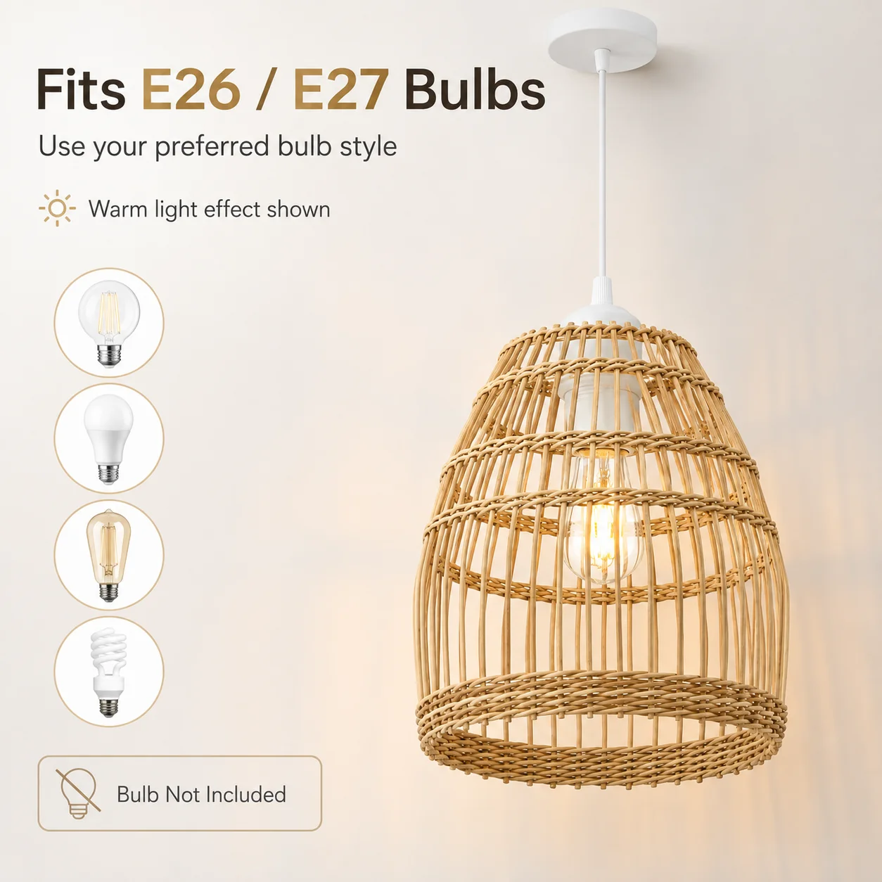 JOYINLED Beige Bamboo Woven Pendant Light E27 Natural Hanging Lamp Boho Ceiling Lighting for Kitchen Dining Room Home Decor