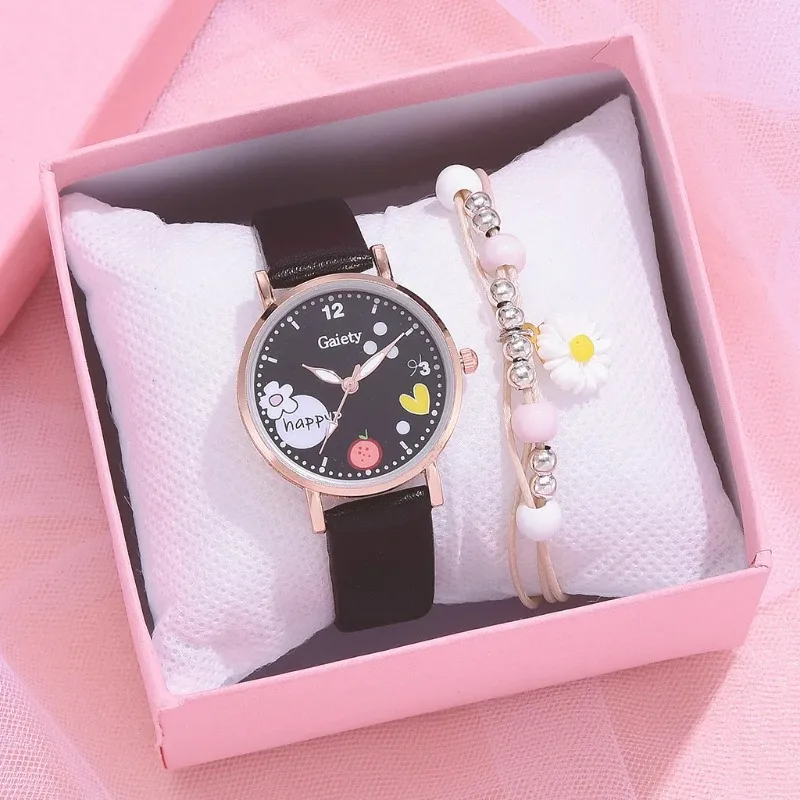 Kids Watches Pink Cute Children's Wristwatch Cartoon Pattern Quartz Watch Set for Girls Fashion Students' Clock Relogio Feminino