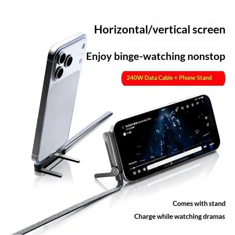 240W USB C Fast Charging Cable Integrated Foldable Phone Stand Anti-Break Braided Cord for Gift to Family Friends Daily Use