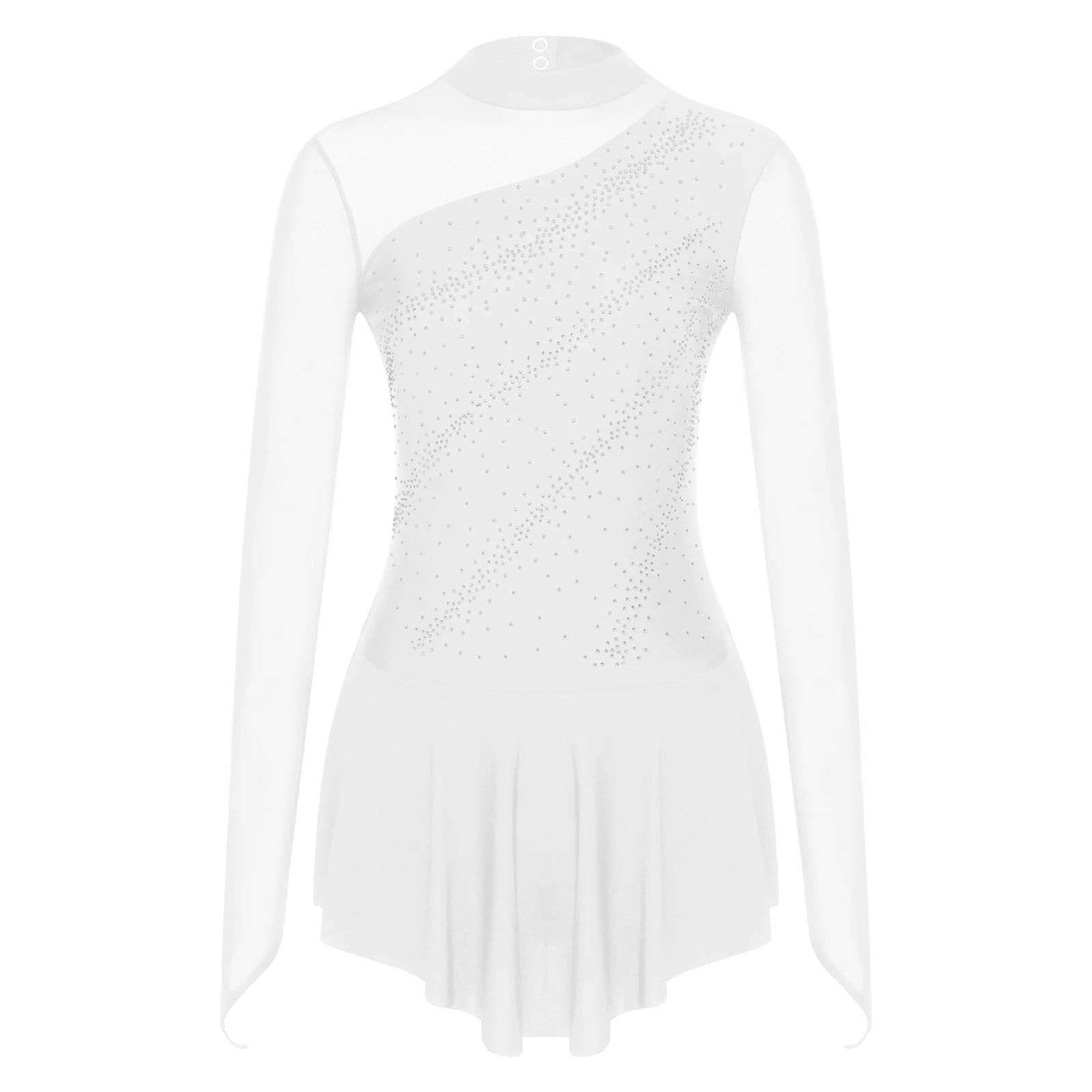 Women Figure Ice Skating Costume Ballet Lyrical Dance Dress Gymnastic Leotard Long Sleeve Sheer Mesh Shiny Rhinestone Dancewear