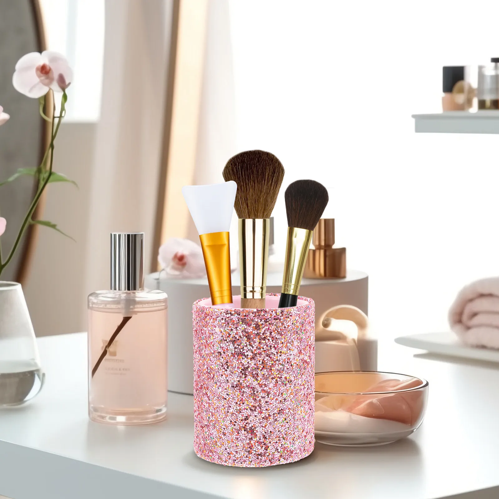 Dekoracyjny pojemnik na pędzle do makijażu, kompaktowy, z brokatowym wykończeniem, etui do przechowywania narzędzi do makijażu, organizer na kredki do eyelinera do domu.