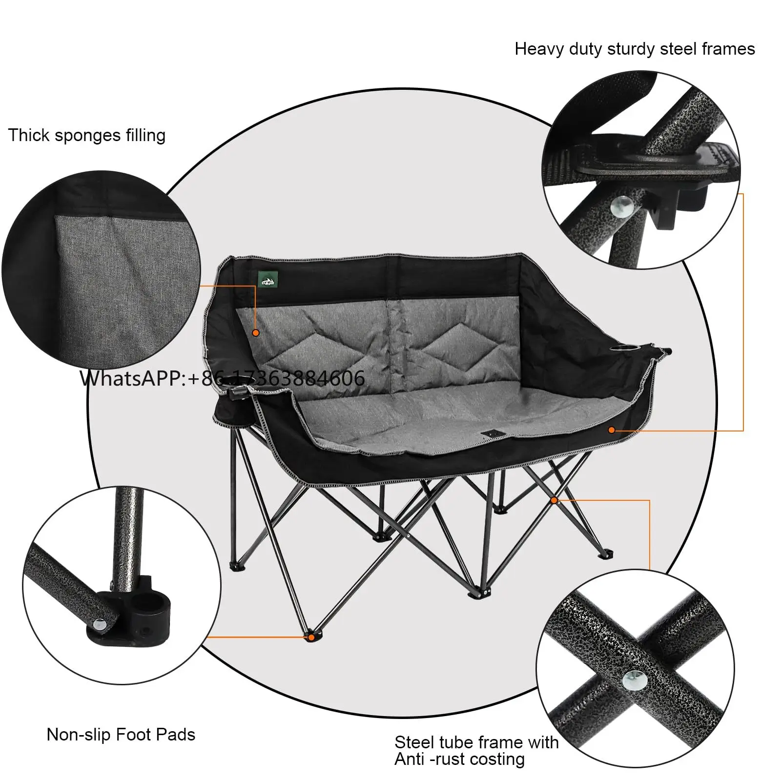 Folding Loveseat Camping Chair Portable Double Duo Full Padded Garden Sofa Chair for 2 Person Support 600lbs for Outdoor Travel