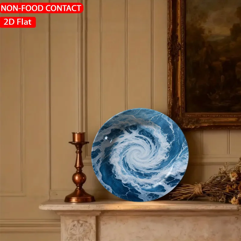 1pc Spiral Ocean Wave Blue Ceramic Plate Non-food Contact, Home Desk Ornaments, Living Room and Bedroom Decorations, Suitable