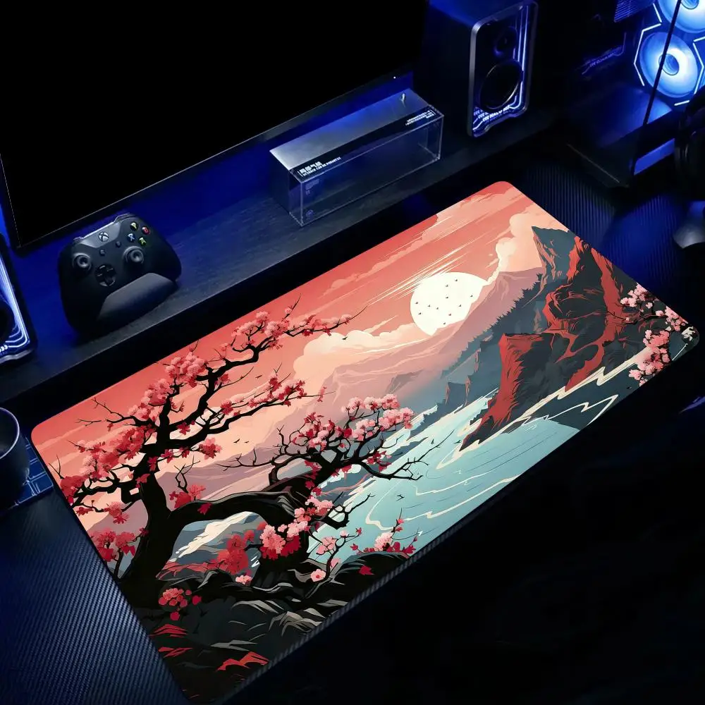

Vibrant full moon and cherry blossom scenery Mouse Pad Desk Mat Non-Slip Stitched Edge office mat Gaming pad Computer mouse pads