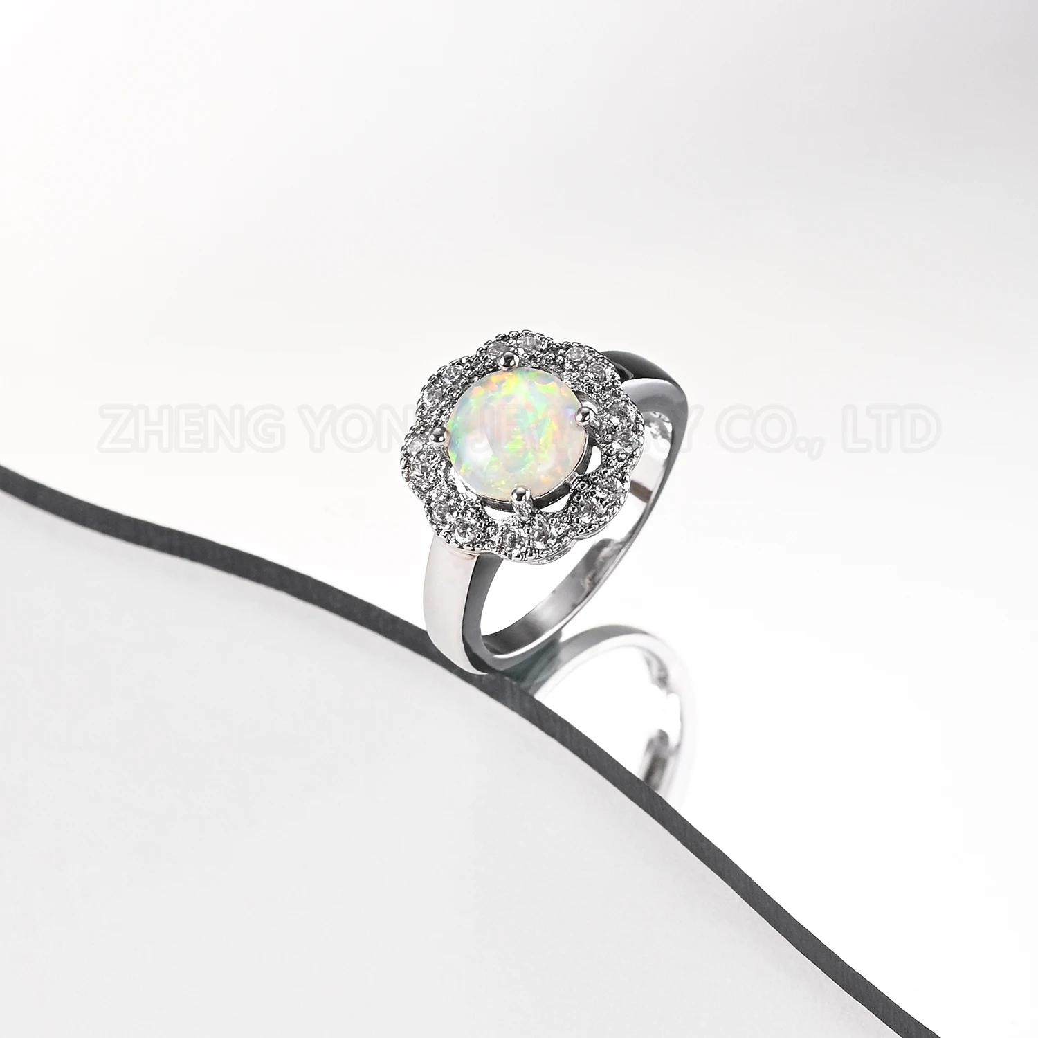 

White Opal Single Flower Ring for Women Lab Grown Opal Ring White Gold Plated