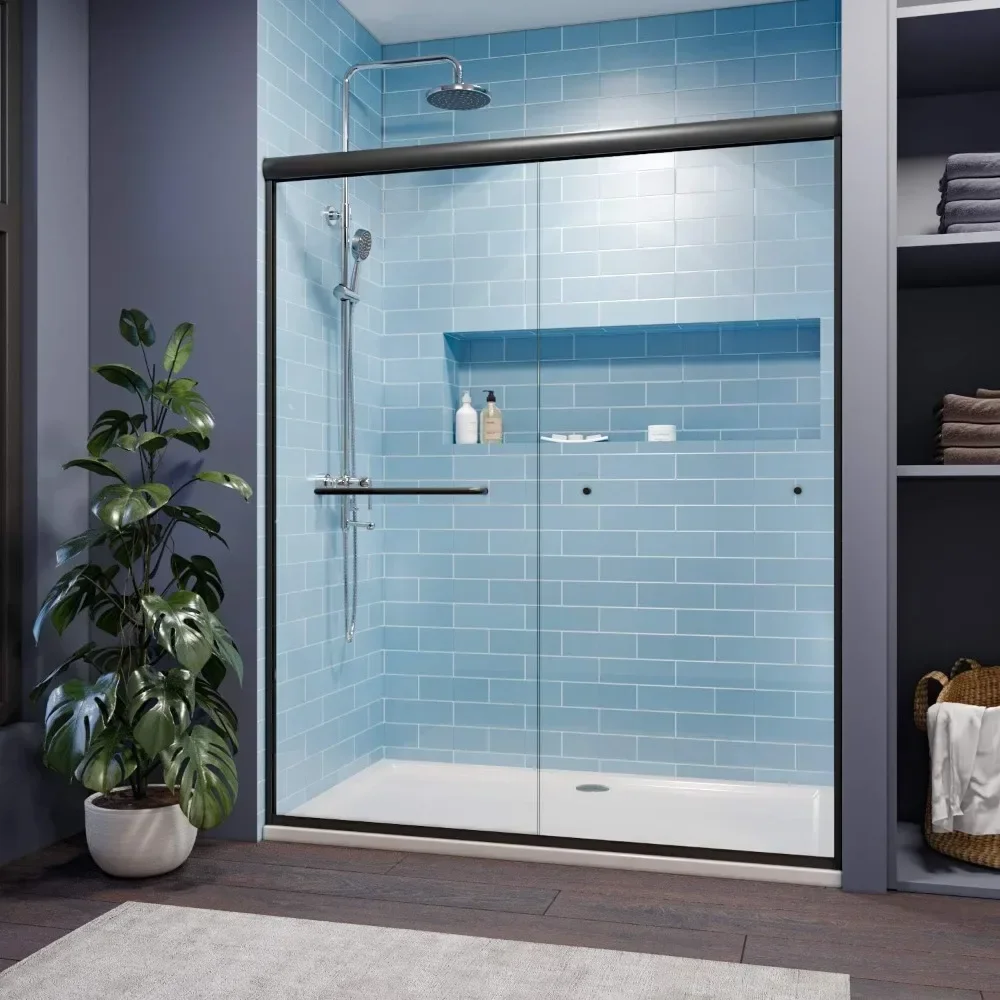 58.5 In.- 60 In. W X 72 In. H Shower Doors, 1/4 In. Clear Glass, Black Hardware, Double Sliding Glass Shower Doors