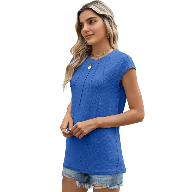 ASDS-レディース サマー プリーツ ドレスアップ カジュアル キャップ 半袖 Tシャツ