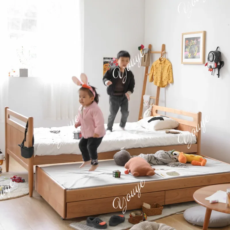 N49 Mother and child bed trailer solid wood Nordic up and down 1.2 meters pull-out drawer two-tier children's bed multi-function
