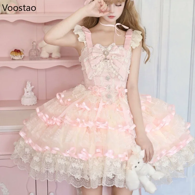 IMU Japanese Kawaii Lolita Jsk Dress Women Sweet Pearl Chain Bow Flower Wedding Party Mini Dresses Y2k Lace Ruffles Princess Dre