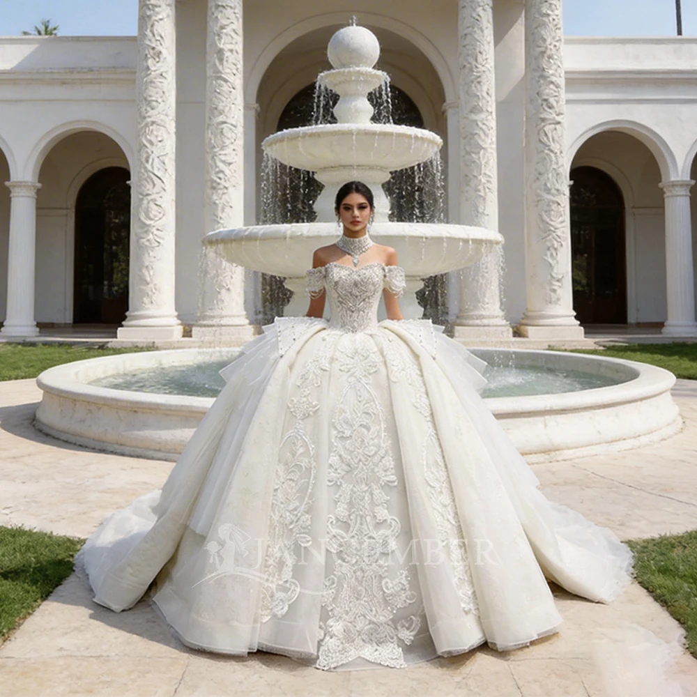 

Customized Ball Gown Wedding Dress Short Sleeve Beaded Lace Bridal Gown Women Holidays Party Dres vestidos de novia boda