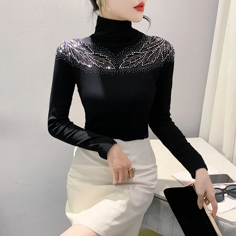 

Fashion Hollow Lace Hot Diamond Slim Bottom Mesh Tops Blusas New 2025 Spring Long Sleeved High Collar Black Women's T-Shirt