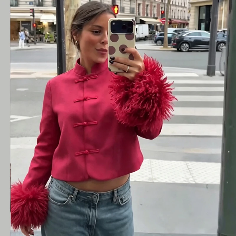 Mandarin Collar Cropped Jacket Women Frog Buttons Faux Fur Cuff Slim Fit Short Coat 2026 Elegant Party Date Ladies Outerwear