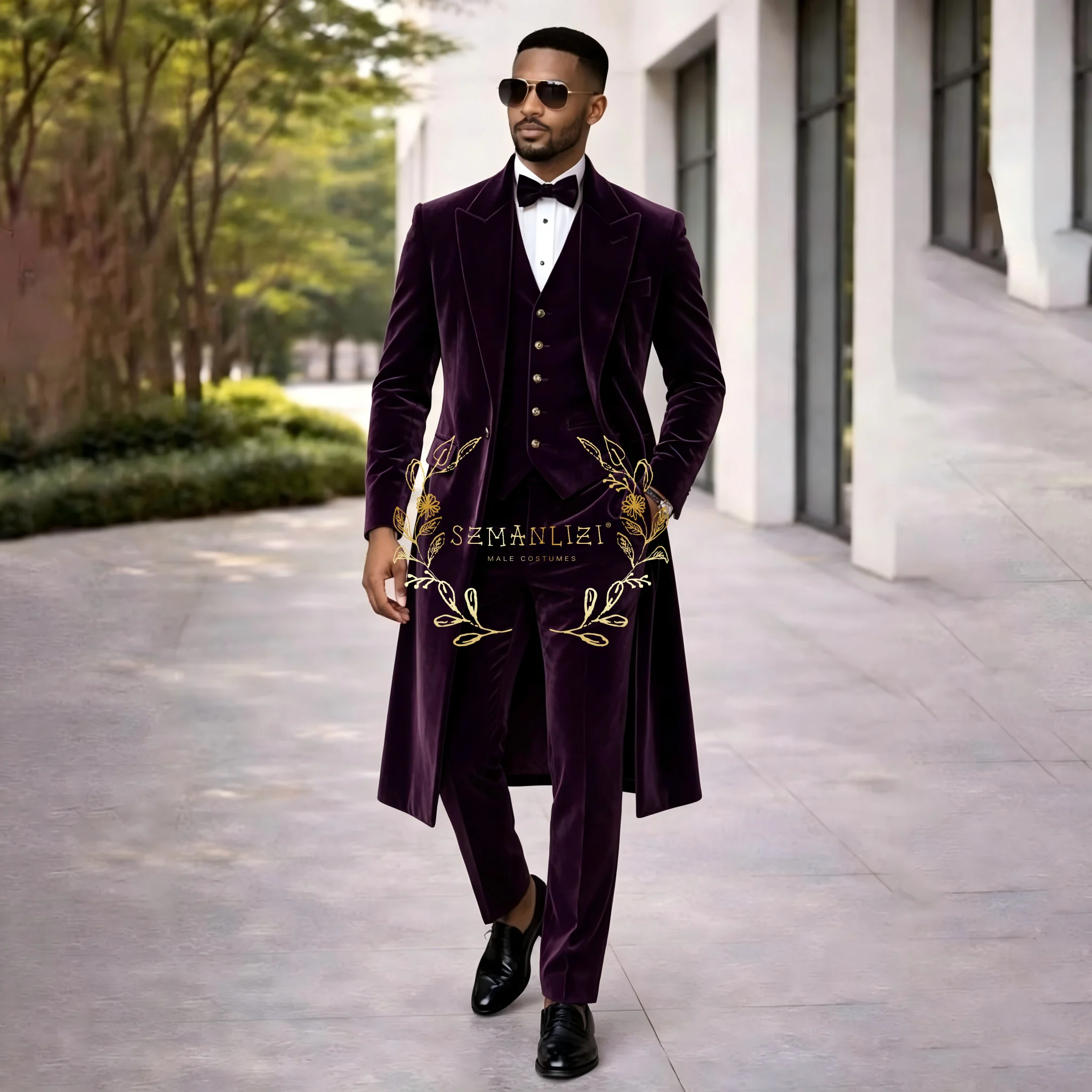 Purple Velvet Men's 3 Pieces Formal Suits Set Peaked Lapel Long Blazer Vest Pants Tuxedos for Business Party Prom Weddings