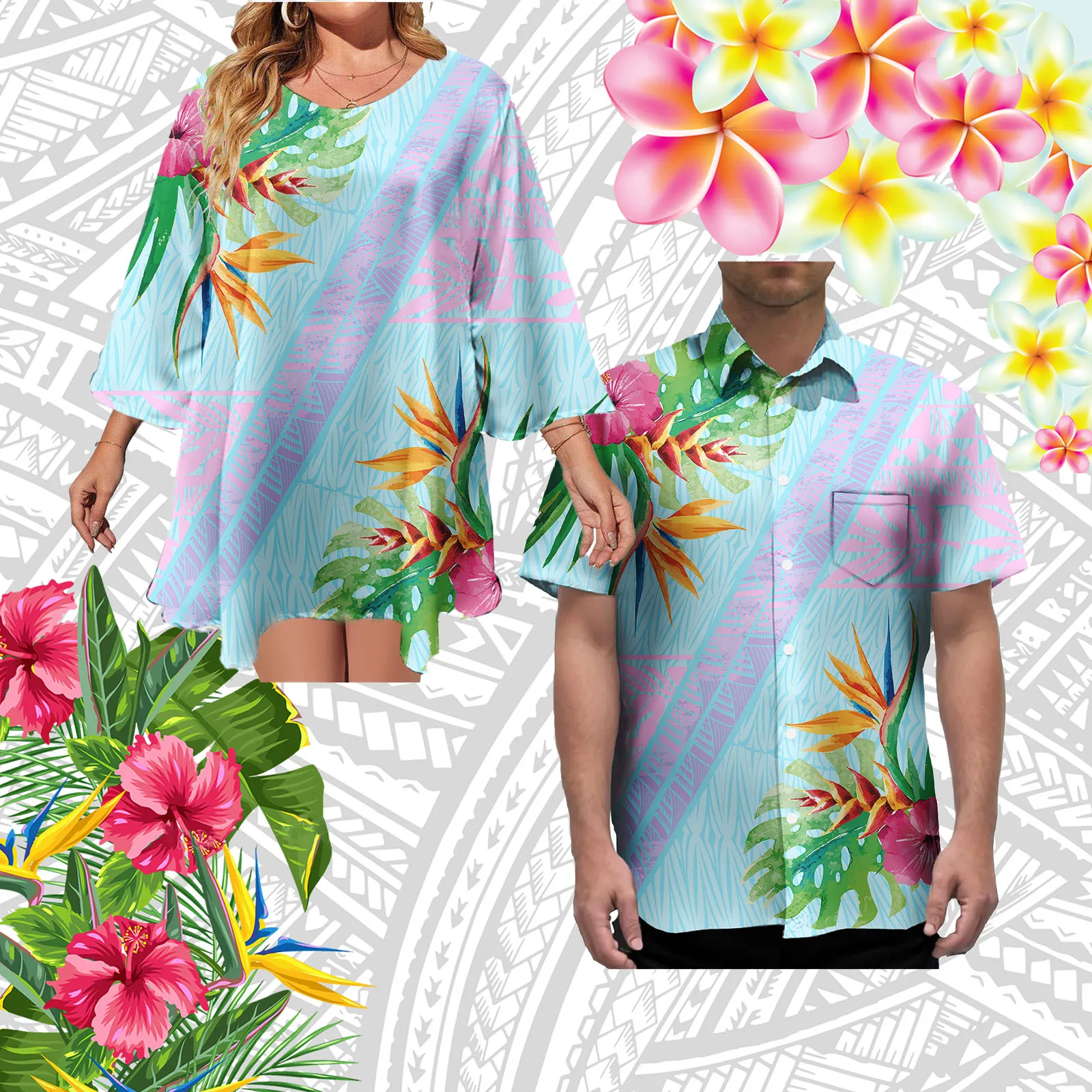 Samoan Lovers Sets Elegant Casual Oversized Tops & Skirts Match Men Hawaii Leisure Shirt Hawaiian Couple of Set