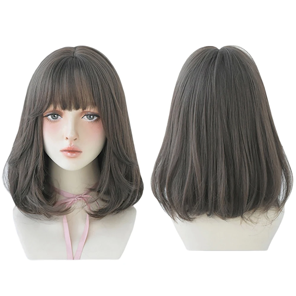 Cool Brown Short Bob Wig With Bangs Natural Looking Shoulder Length Layered Synthetic Hair For Women Daily Party Cosplay Use