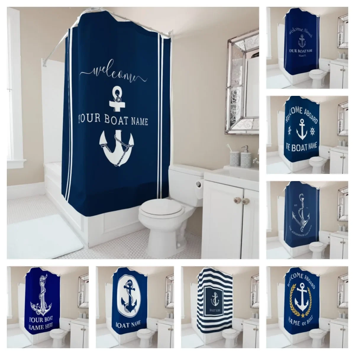 Custom Nautical Shower Curtain Design Waterproof Fabric Personalized Boat Name Modern Bathroom Decor Beach Theme Bath Curtain