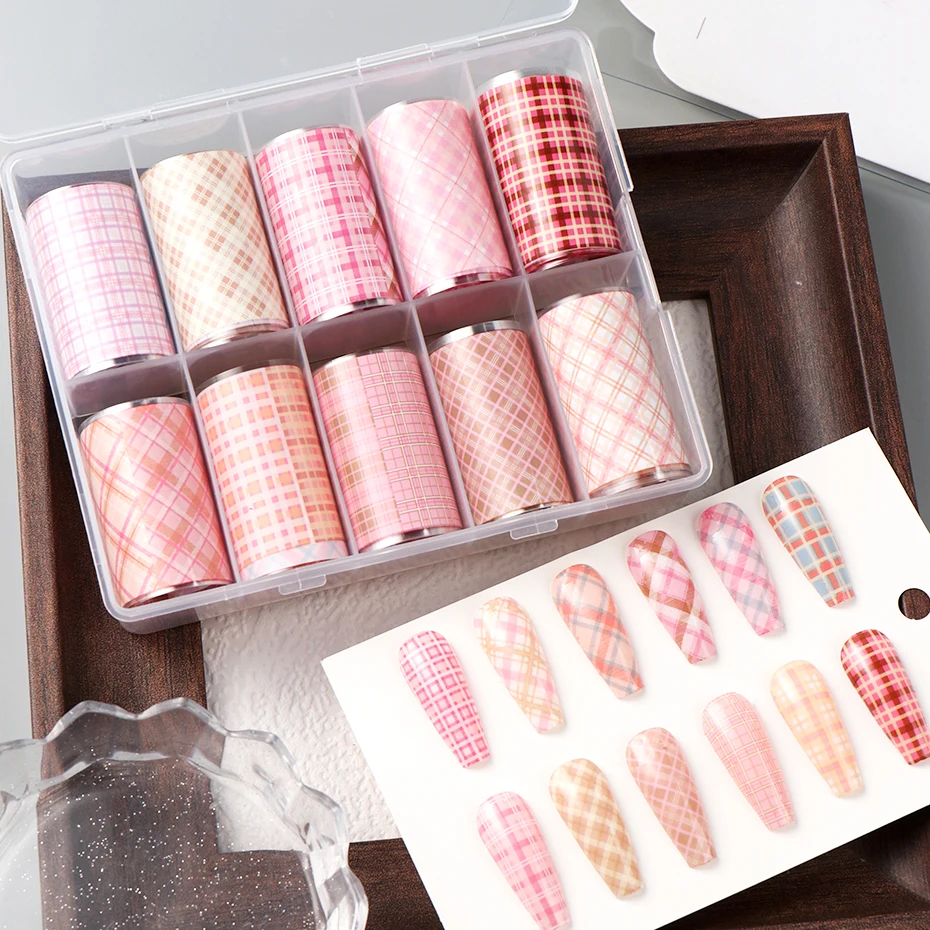 10 pz/scatola Carino Rosa Plaid Unghie Artistiche Lamina di Trasferimento Adesivi Per Unghie Striscia Geometrica Pellicola Lamine Per Unghie Decorazioni Accessori Per Manicure