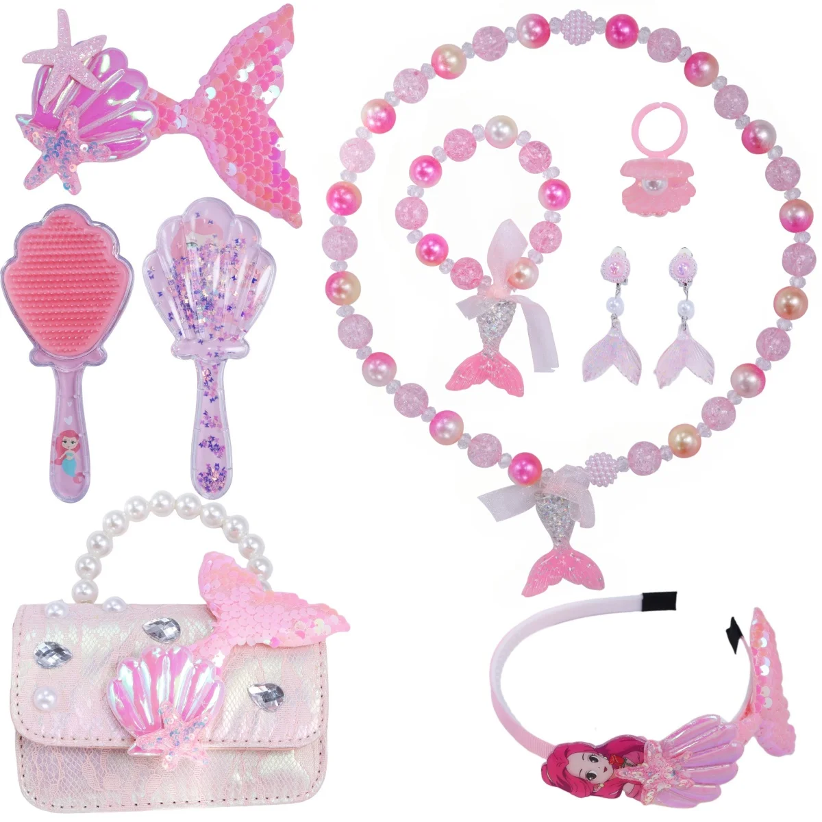 

9Pcs Mermaid Jewelry Set for Girls Princess Necklace Bracelet Ring Earrings Hair Clip Bag Comb for Kids Birthday Christmas Gift