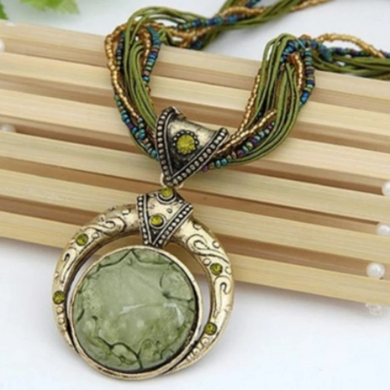 Europe and America Vintage Necklace Jewelry Fashion Popular Retro Bohemia Style Multilayer Beads Chain Crystal Grain Pendant
