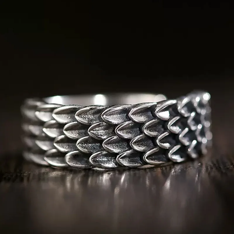 Retro Men's Ring Unique Trendy Dragon Scale Rings Adjustable Thai Silver Finger Jewelry Boy's Gift KOFSAC