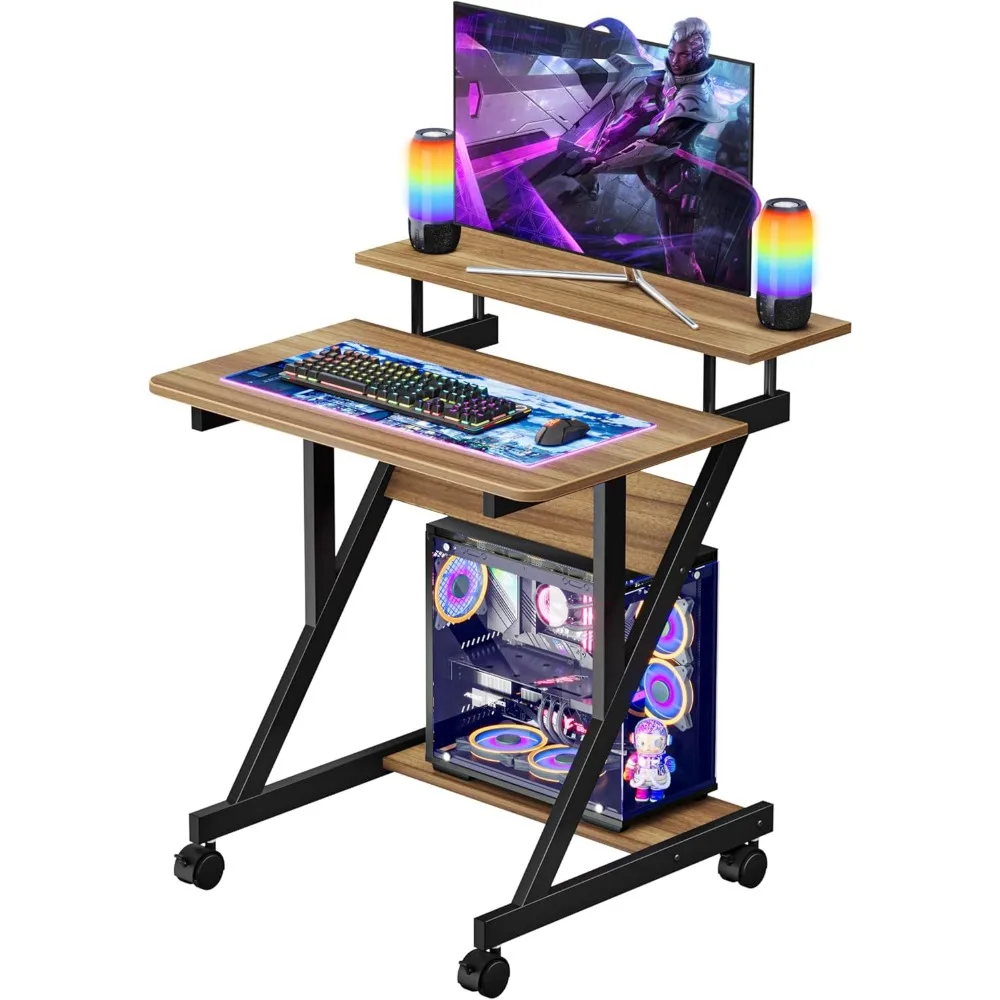 27 Inch Office School Desk, Small Space Computer Desk with Wheels, Z-shaped Desk with Monitor Rack and Bottom Storage Rack