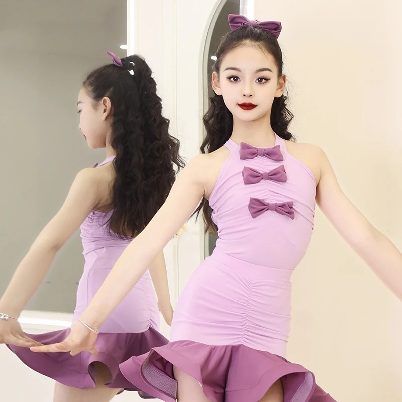 

Latin Dance Dress Performance Costumes Purple Hanging Neck Top Skirt Suit Practice Clothing Chacha Practice Clothes DQL10713