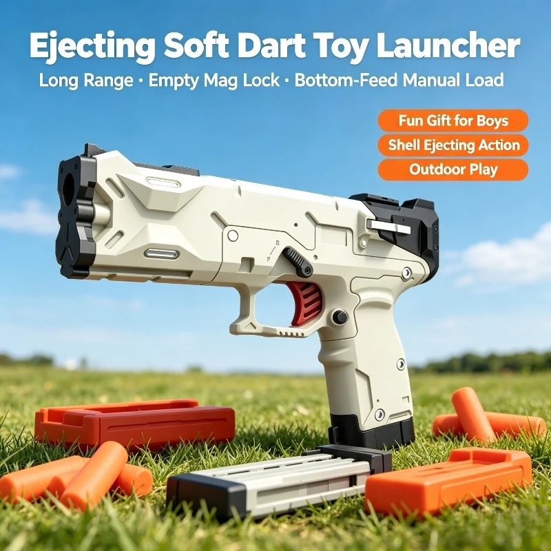 Ejecting Soft Dart Toy Launcher, Long Range, Empty Mag Lock, Bottom-Feed Manual Load, Outdoor Play Gift for Boys