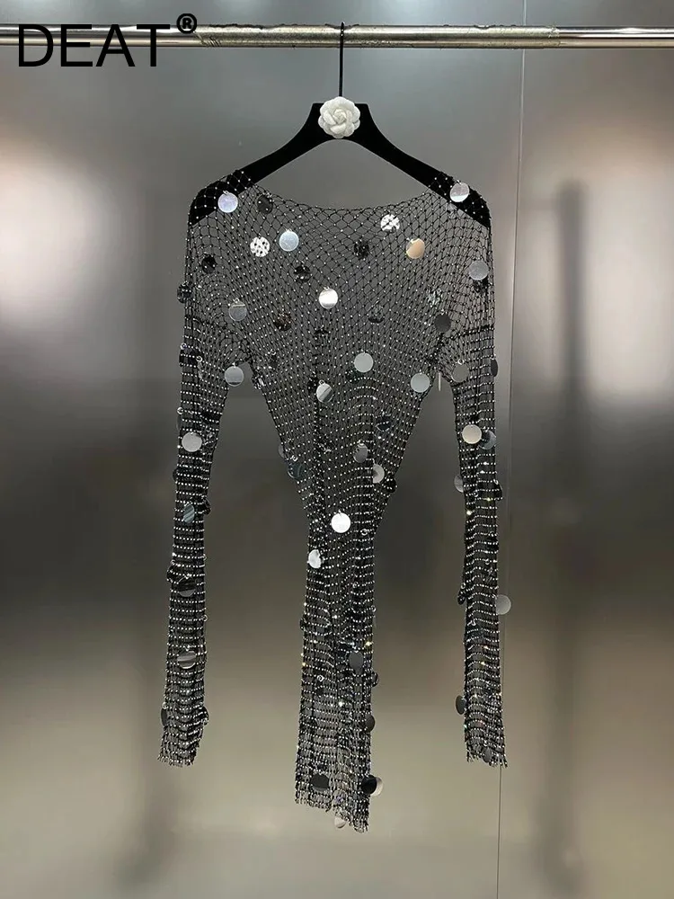 DEAT Sequined Diamonds Spliced T-shirt For Women 2024 Spring Round Collar Mesh Perspective Long Sleeve Tops Female New 11XX8636