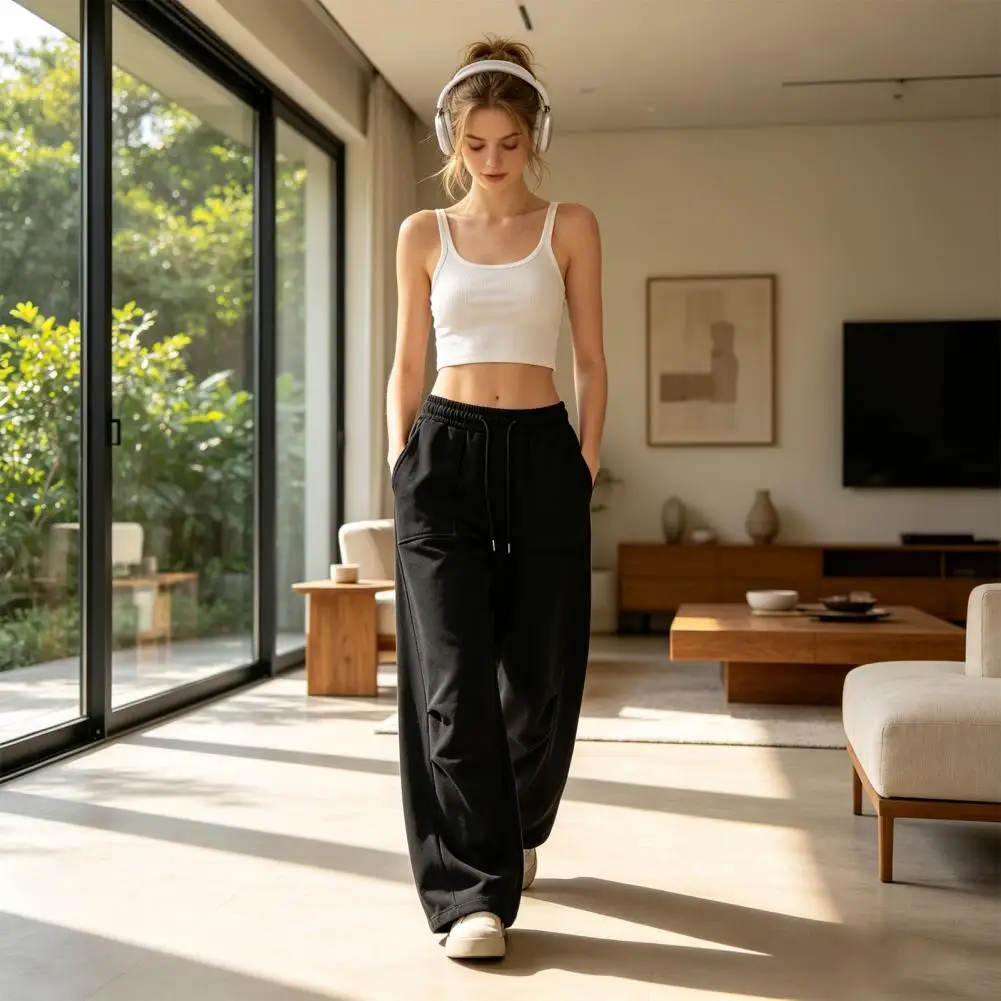 Wide Leg Pants High Waisted Pants Drawstring Elastic Waist Casual Trousers, Spring Fall Loose Fit Sports Pants with Pockets