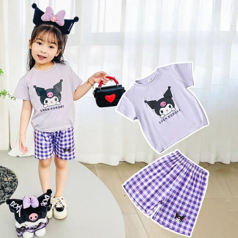 Nowe dziecięce dziewczęce letnie koszulki z nadrukiem z kreskówek z krótkim rękawem topy z szortami maluch kawaii zestawy ubrań Kitty Kuromi stroje dla dzieci