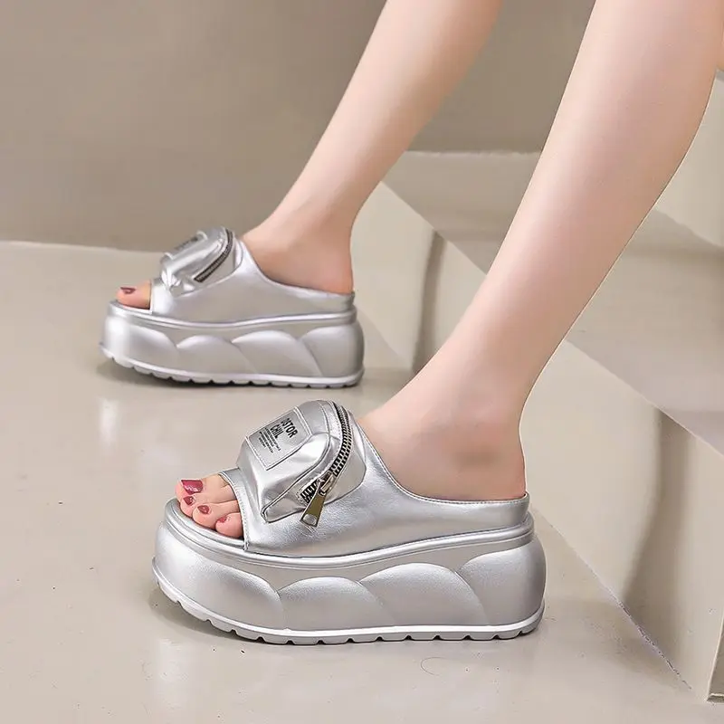 New 2025 high heels Chunky Slides Ladies Designer Front Zip Pocket with Coins Small girls Elevator Shoes - Image 4