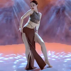 Leopard Printed Belly Dance Training Clothing Stretch Class Wear Oriental Dance Costume 2pcs Crop Top Long Skirt Sexy Outfit