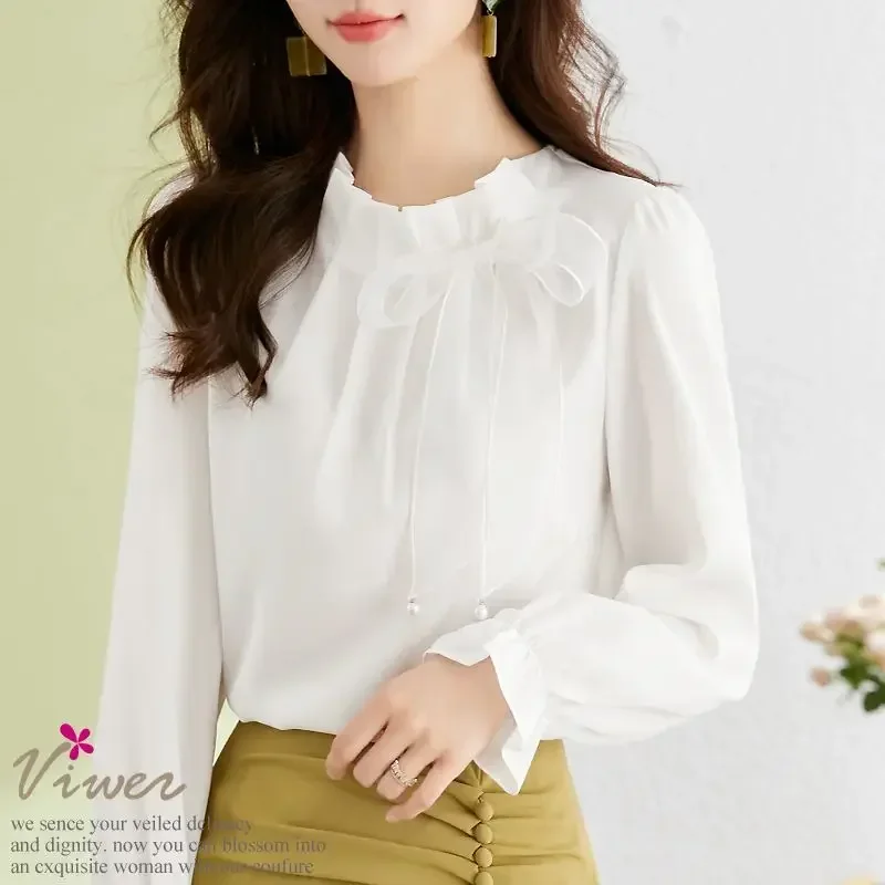 Casual Solid Color Butterfly Bow Sense of Design Blouse Women Long Sleeve O-collar All-match Pleated Chiffon Pullover Shirt Z247