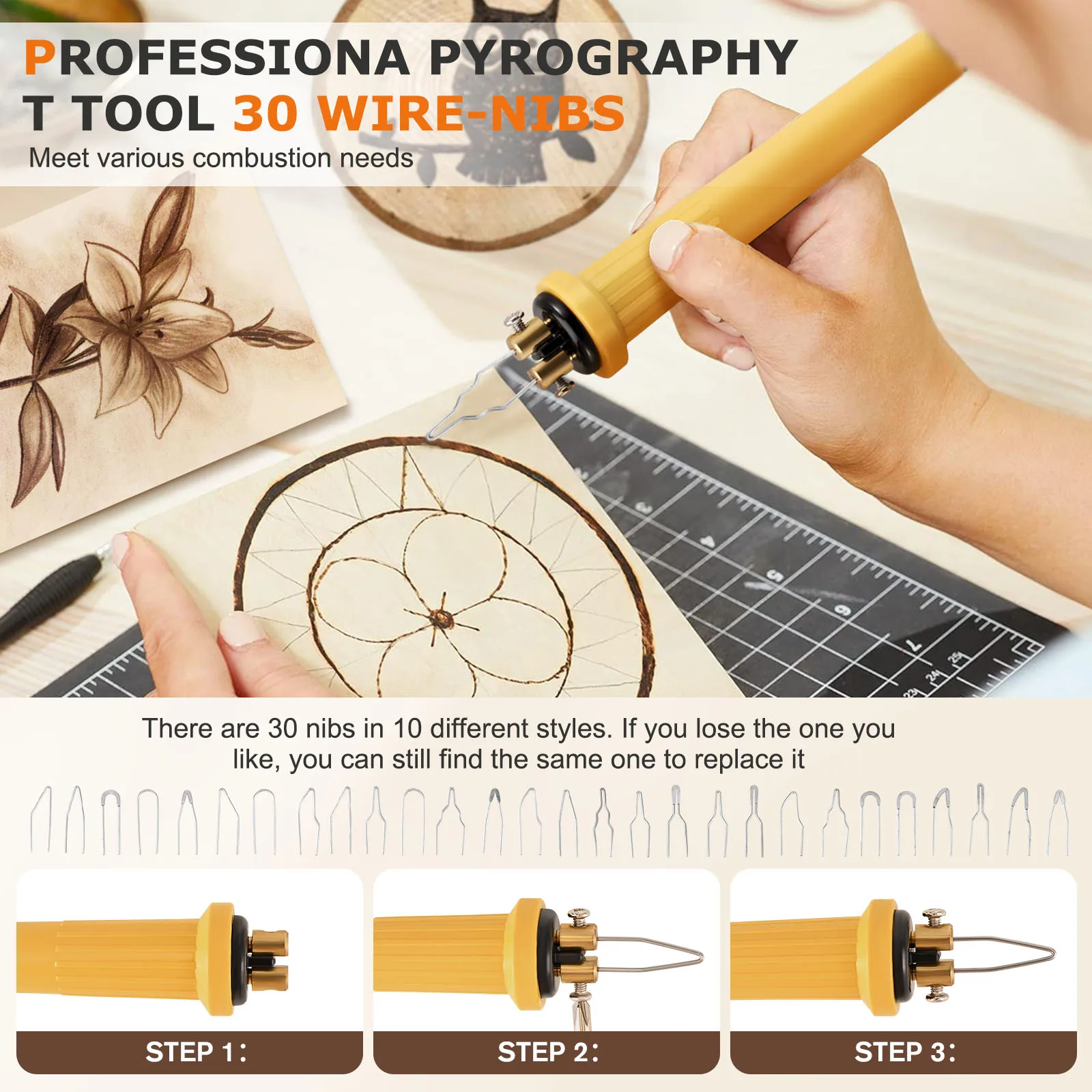 Pyrography Machine 60W Wood Burning Pyrography Pen Kit Electric Woodburning Tool with 30 Pyrography Wire Tips,2 Pens view 4